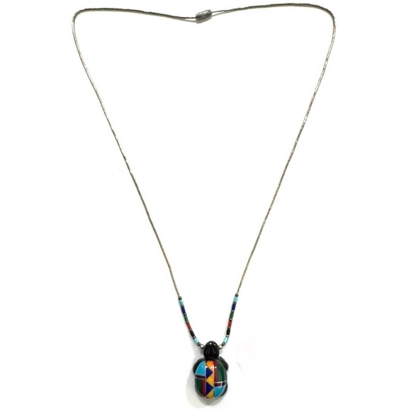 Vintage Southwestern Inlay Turtle Pendant on 24” Beaded Liquid Silver Necklace